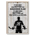 Framed hockey wall art with a black-and-white player silhouette on a rustic wood background