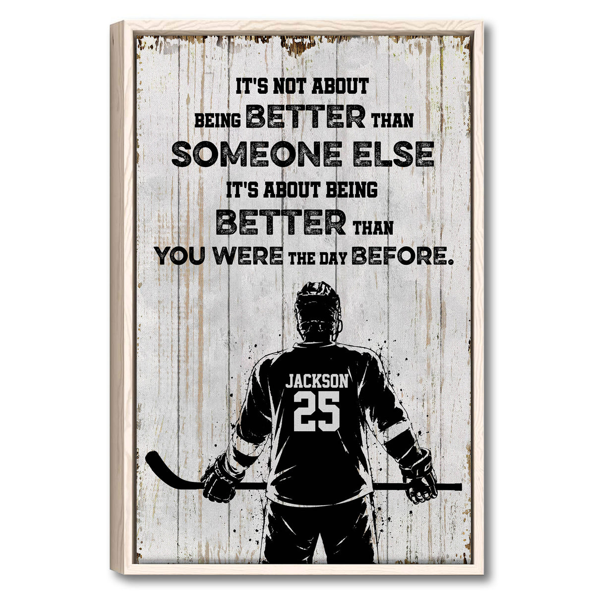 Framed hockey wall art with a black-and-white player silhouette on a rustic wood background