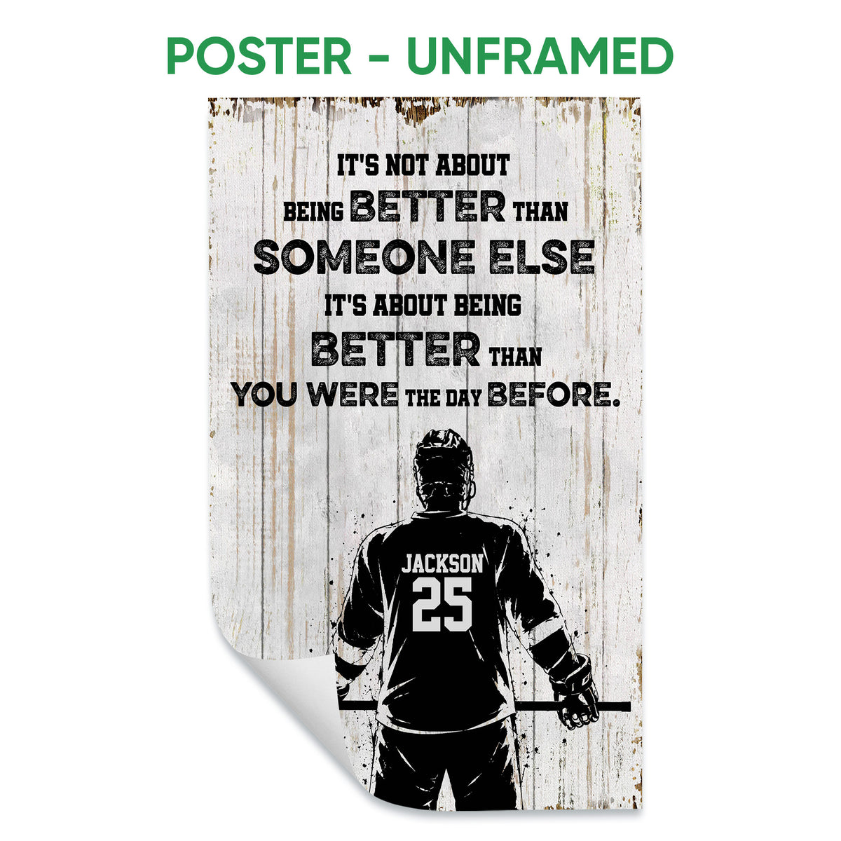 Unframed hockey poster featuring a player silhouette and bold motivational typography