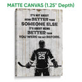 Matte canvas hockey wall art with a rear-view player silhouette and rustic wood texture