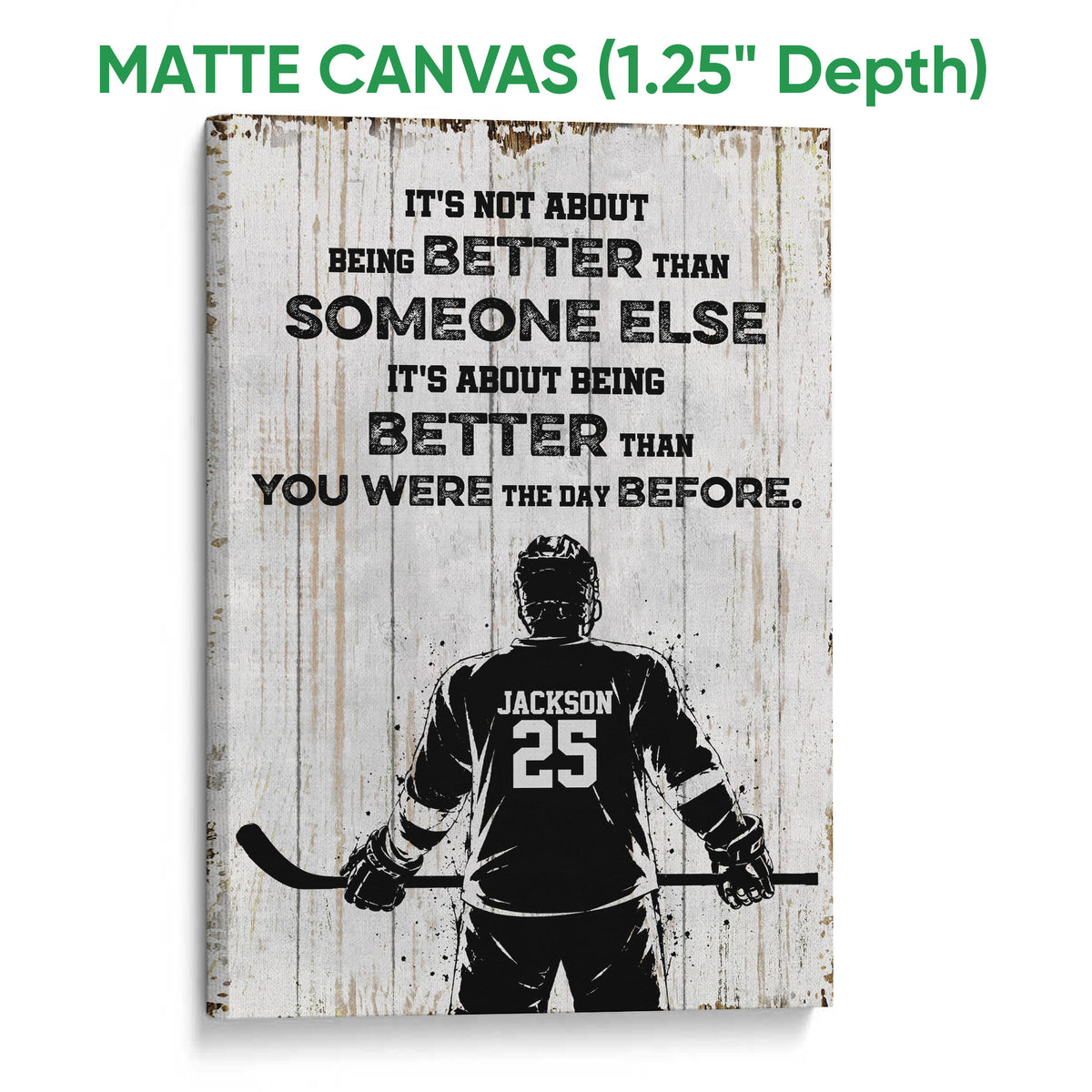 Matte canvas hockey wall art with a rear-view player silhouette and rustic wood texture