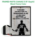 Black framed hockey canvas wall art with a close-up view of the frame depth