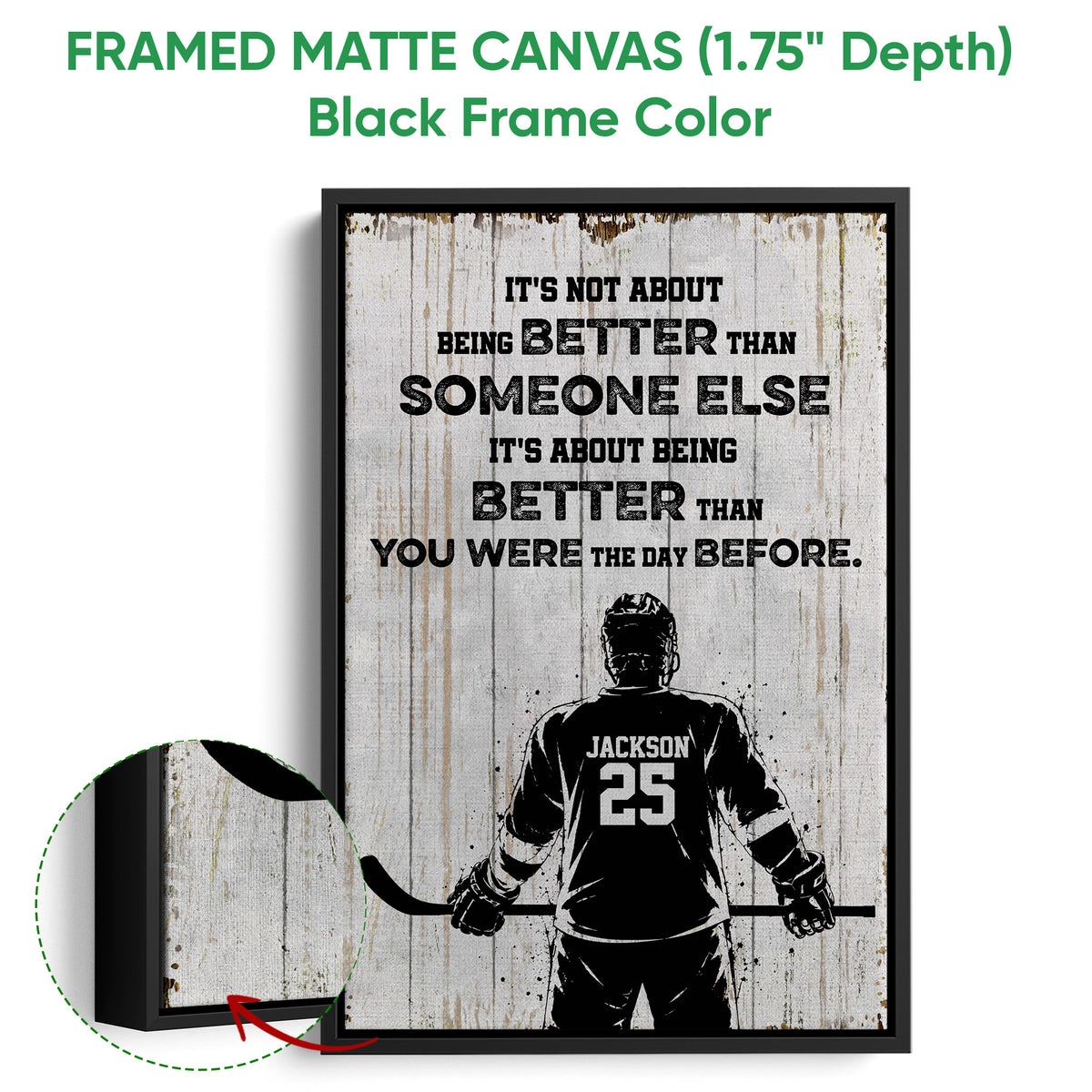 Black framed hockey canvas wall art with a close-up view of the frame depth