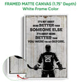White framed hockey canvas wall art with a close-up view of the frame finish