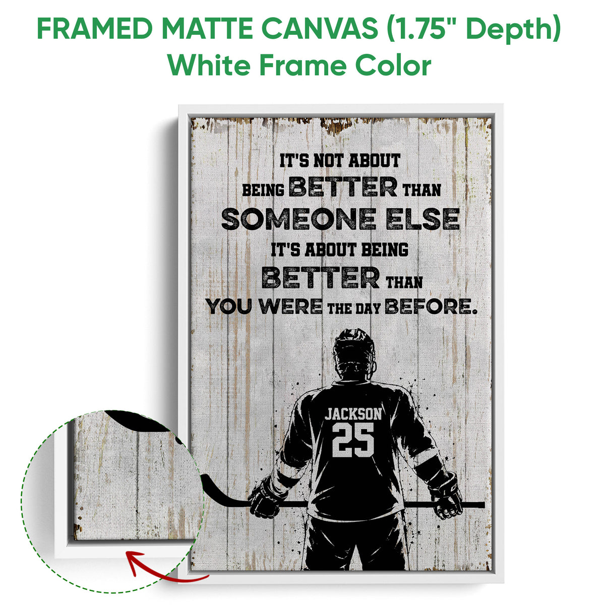 White framed hockey canvas wall art with a close-up view of the frame finish