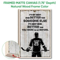 Natural wood framed hockey wall art with a close-up of the solid wood frame