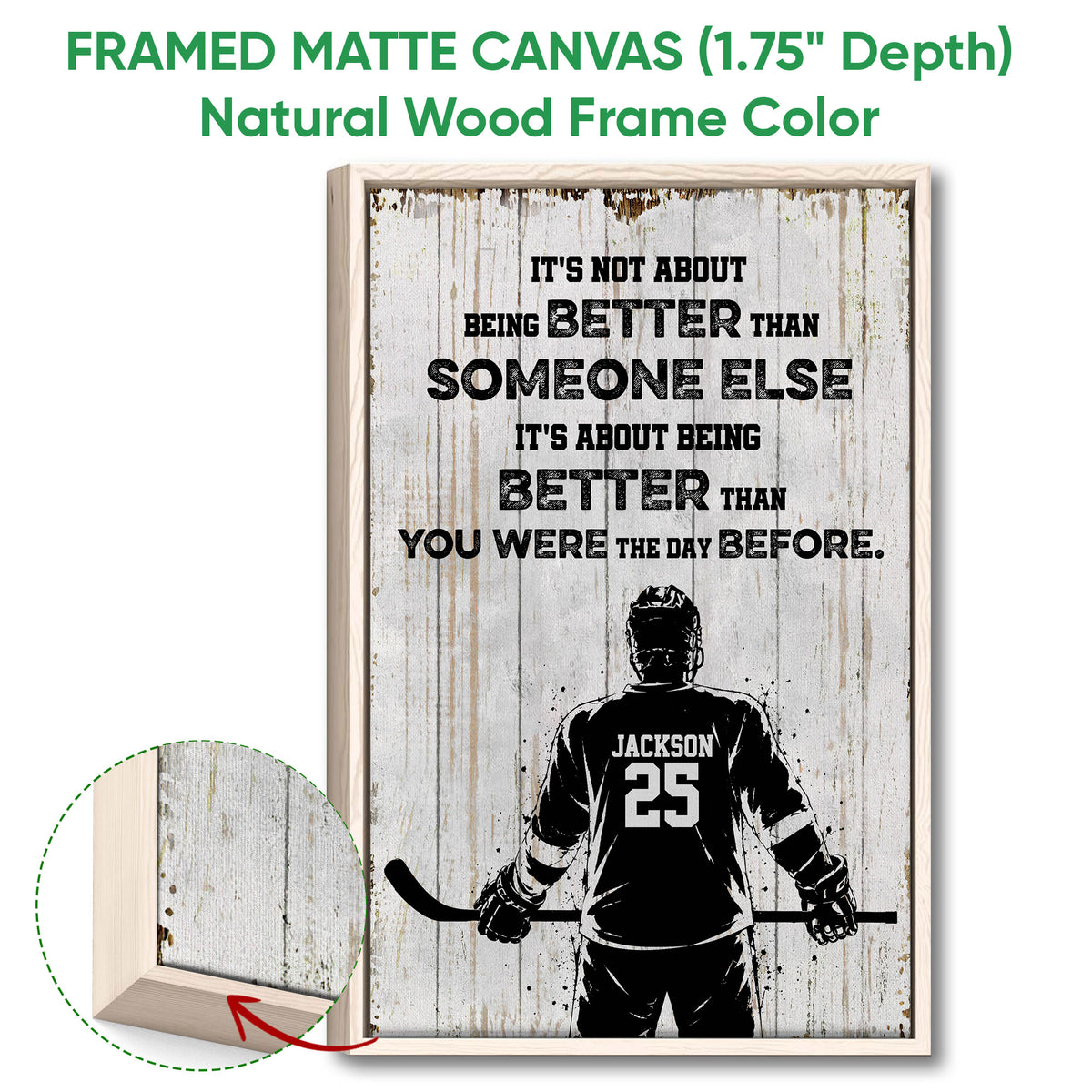 Natural wood framed hockey wall art with a close-up of the solid wood frame
