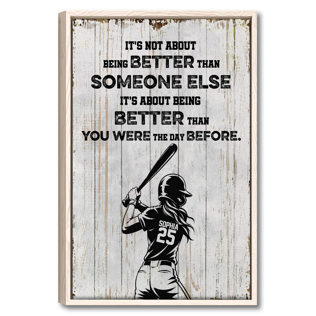 Natural wood framed softball wall art with a batter illustration and bold motivational design