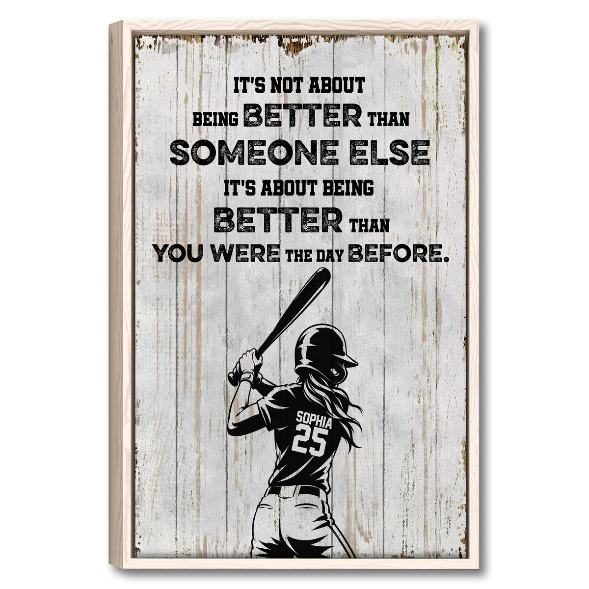 Natural wood framed softball wall art with a batter illustration and bold motivational design