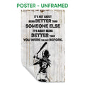 Unframed softball poster featuring a batter illustration on a distressed white wood background