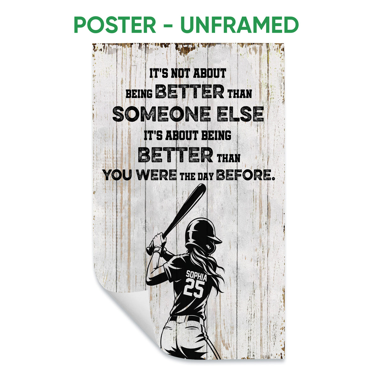 Unframed softball poster featuring a batter illustration on a distressed white wood background
