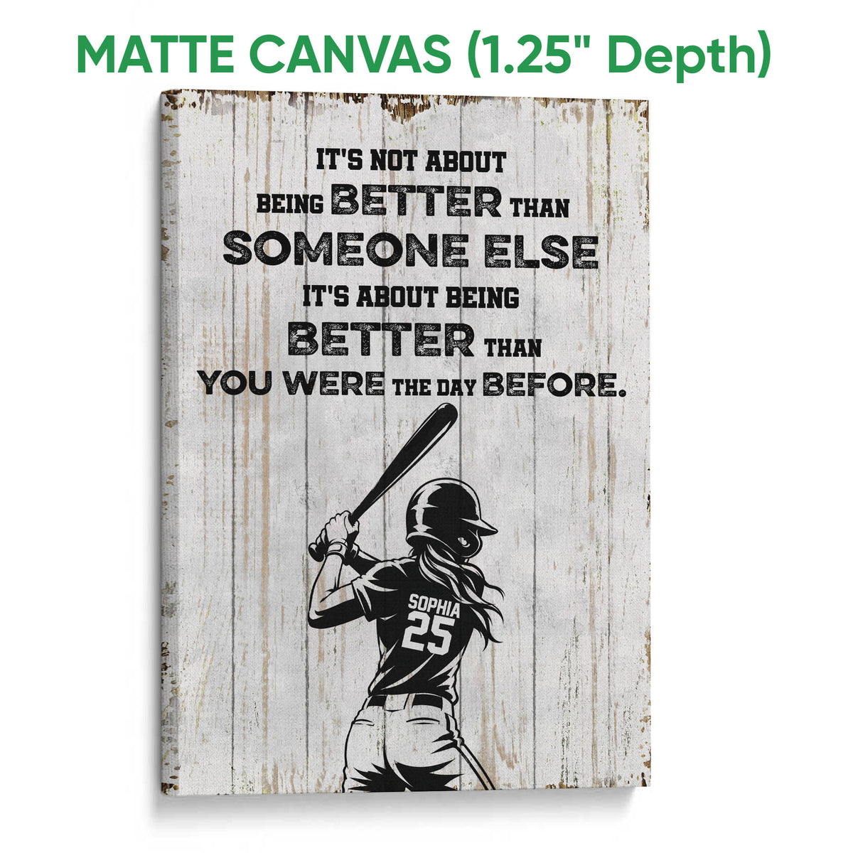 Matte canvas softball wall art with a batter silhouette and rustic distressed wood design