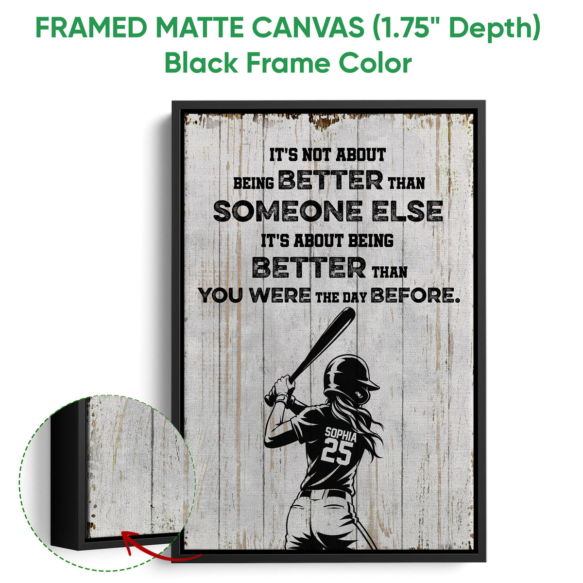 Black framed softball canvas wall art with a batter illustration and textured rustic background