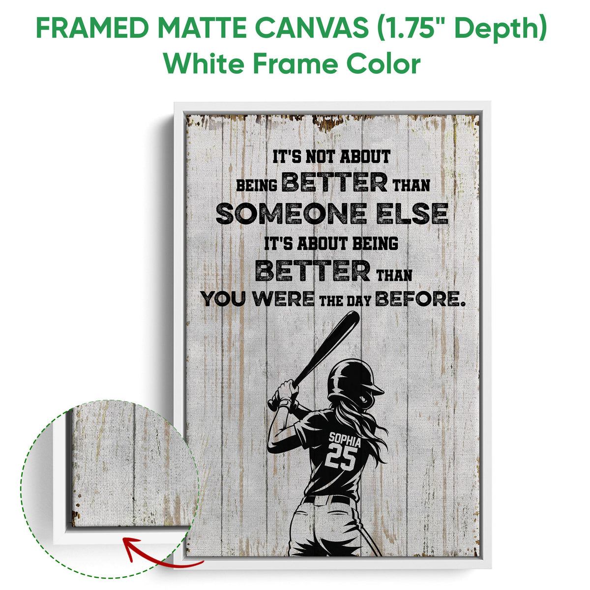 White framed softball canvas wall art featuring a batter illustration and distressed wood texture