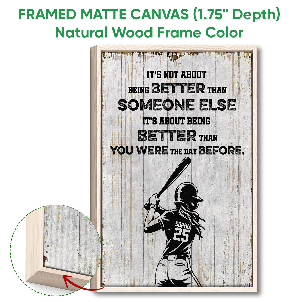 Natural wood framed softball canvas with a batter illustration and rustic farmhouse-inspired style