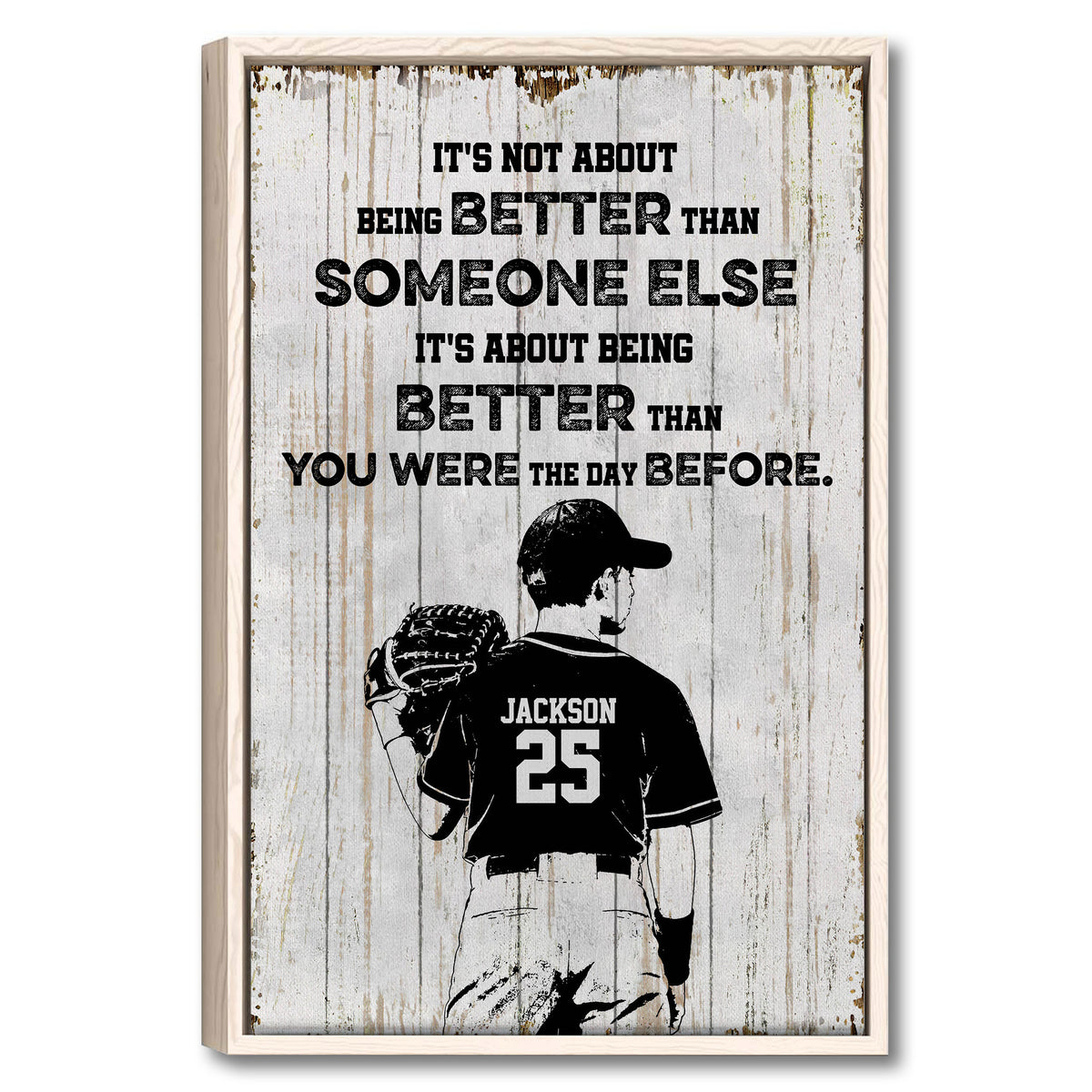 Framed baseball wall art with a player holding a glove against a distressed white wood background