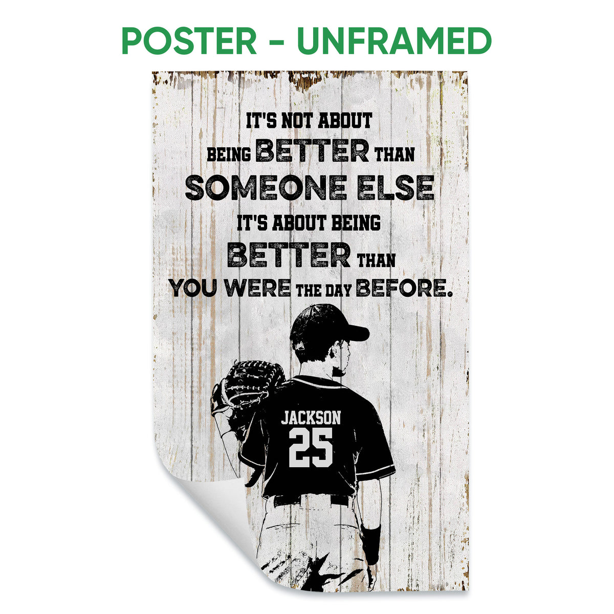 Unframed baseball poster featuring a player with a glove and bold motivational typography