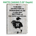 Matte canvas baseball wall art showing a player and bold typography on a weathered wood background
