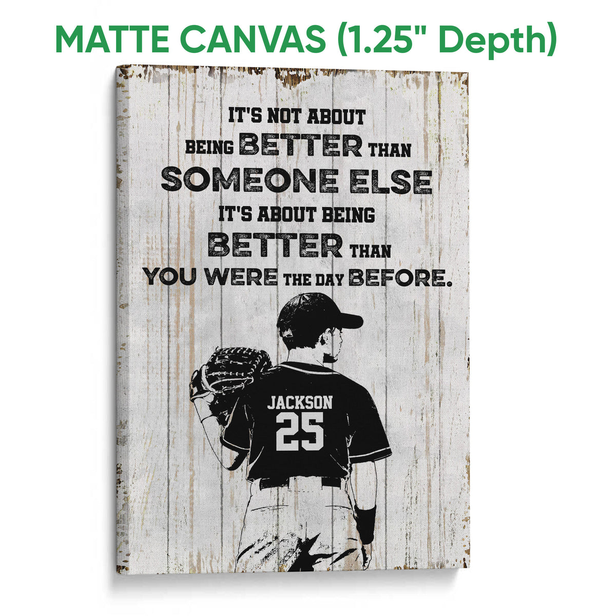 Matte canvas baseball wall art showing a player and bold typography on a weathered wood background