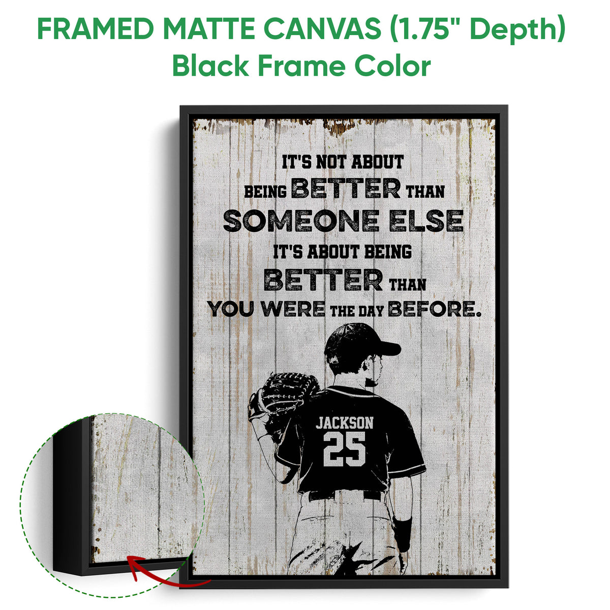 Framed baseball wall art displayed with a black frame and close-up of the frame profile