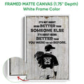 Framed baseball wall art displayed with a white frame and close-up of the frame profile