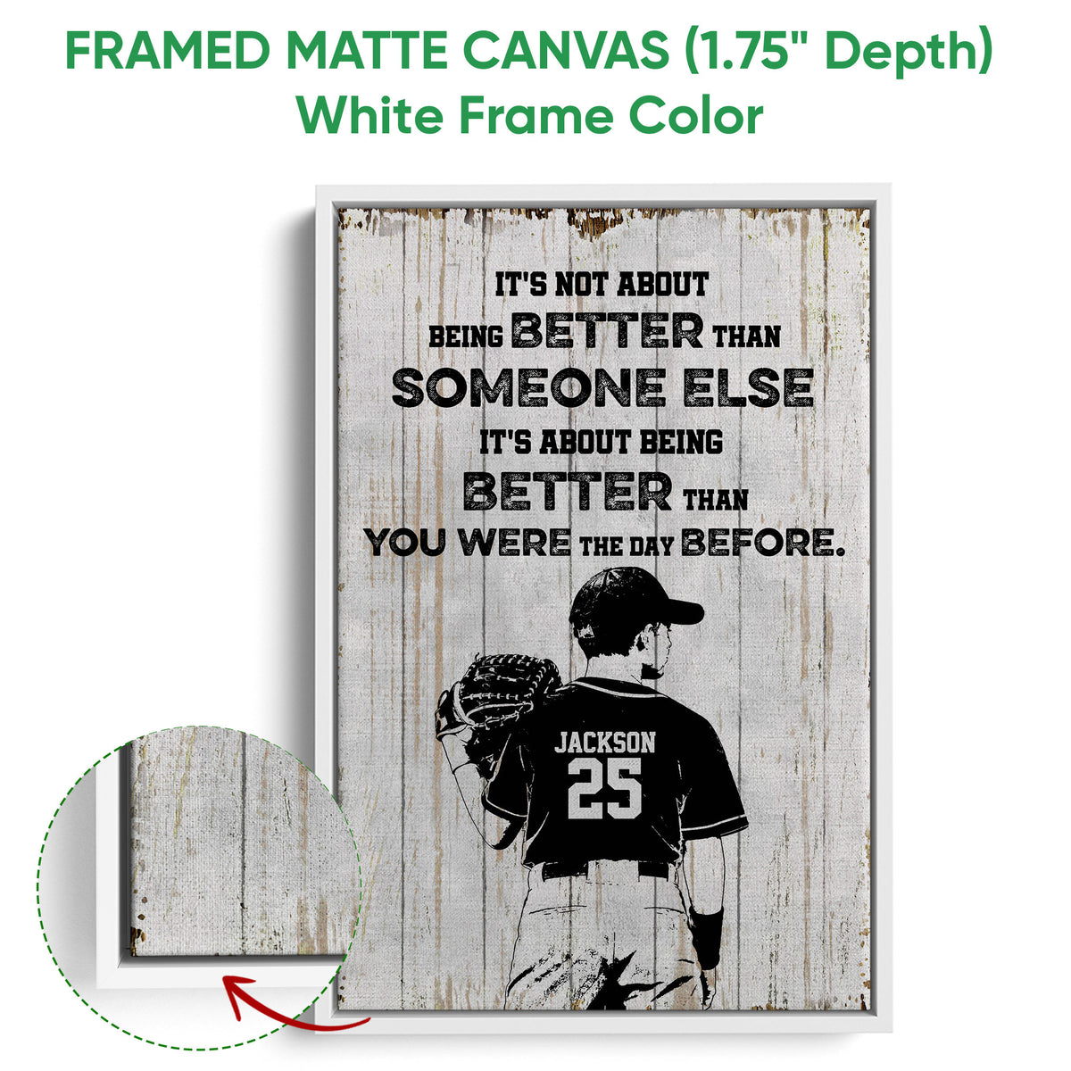 Framed baseball wall art displayed with a white frame and close-up of the frame profile