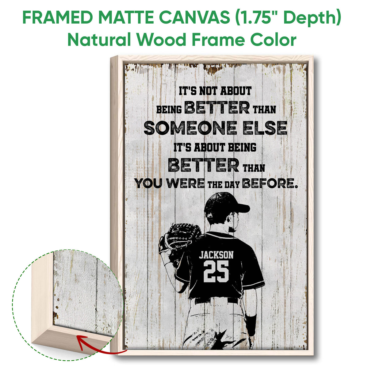 Framed baseball wall art displayed with a natural wood frame and close-up of the wood finish