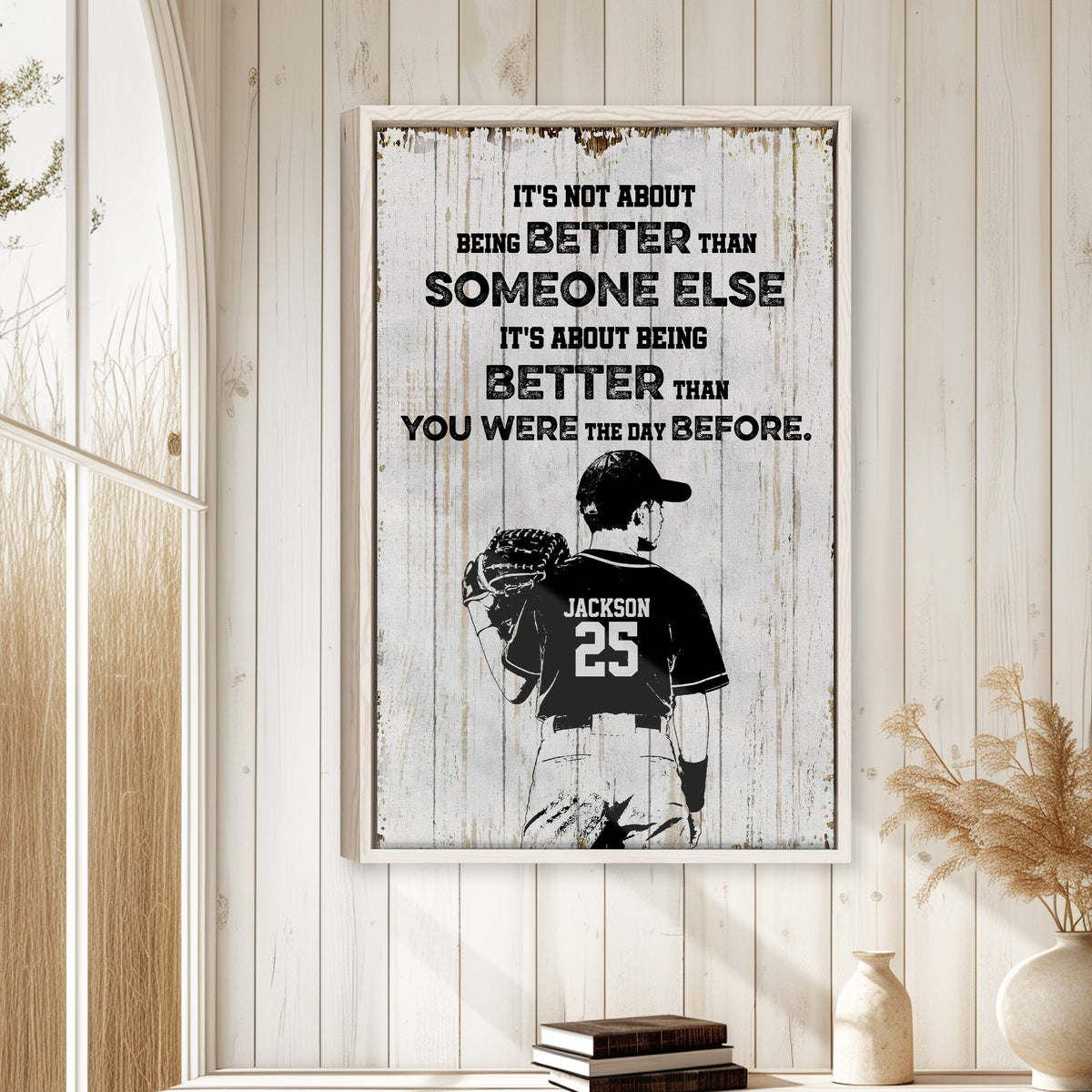 Baseball wall art displayed in a bright room with white wood paneling and neutral home decor