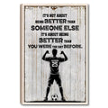 Framed soccer wall art with a player silhouette, soccer ball, bold typography, and weathered wood background