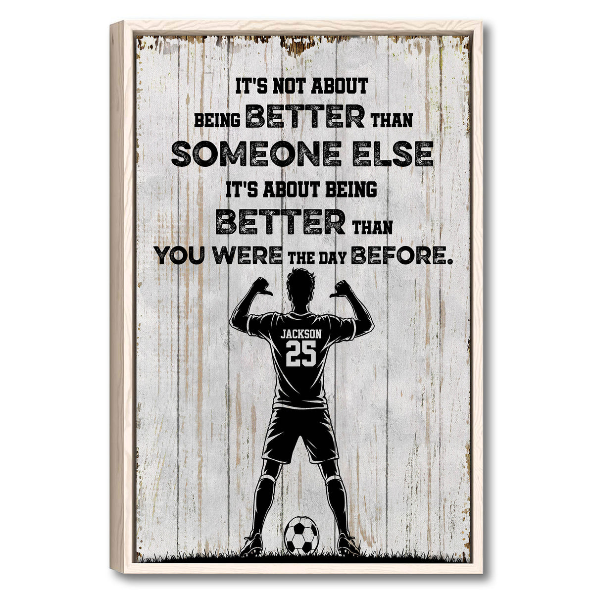 Framed soccer wall art with a player silhouette, soccer ball, bold typography, and weathered wood background