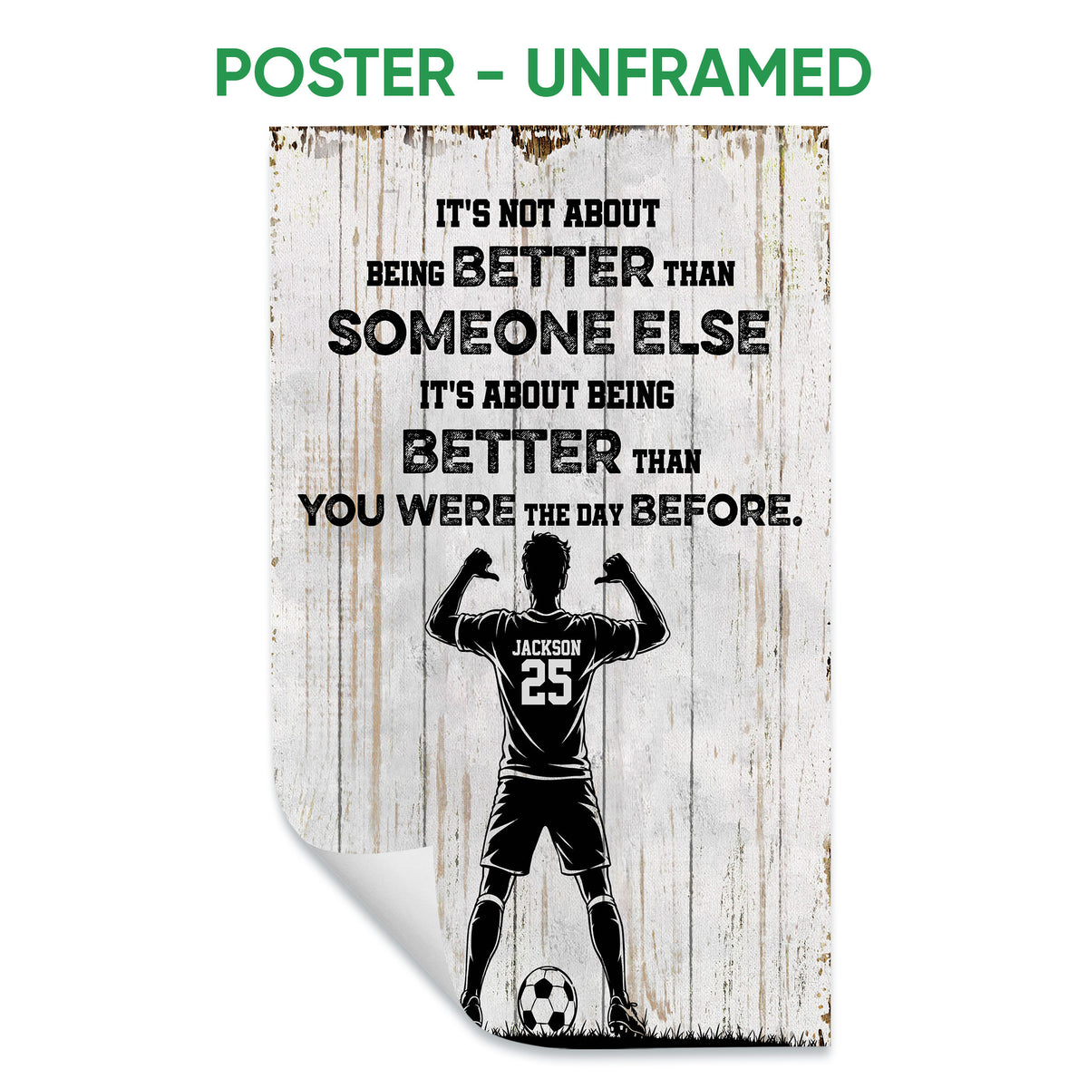 Unframed soccer poster featuring a player silhouette, soccer ball, bold black typography, and distressed wood backdrop