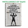 Matte canvas soccer wall art featuring a player silhouette and soccer ball against a weathered wood background