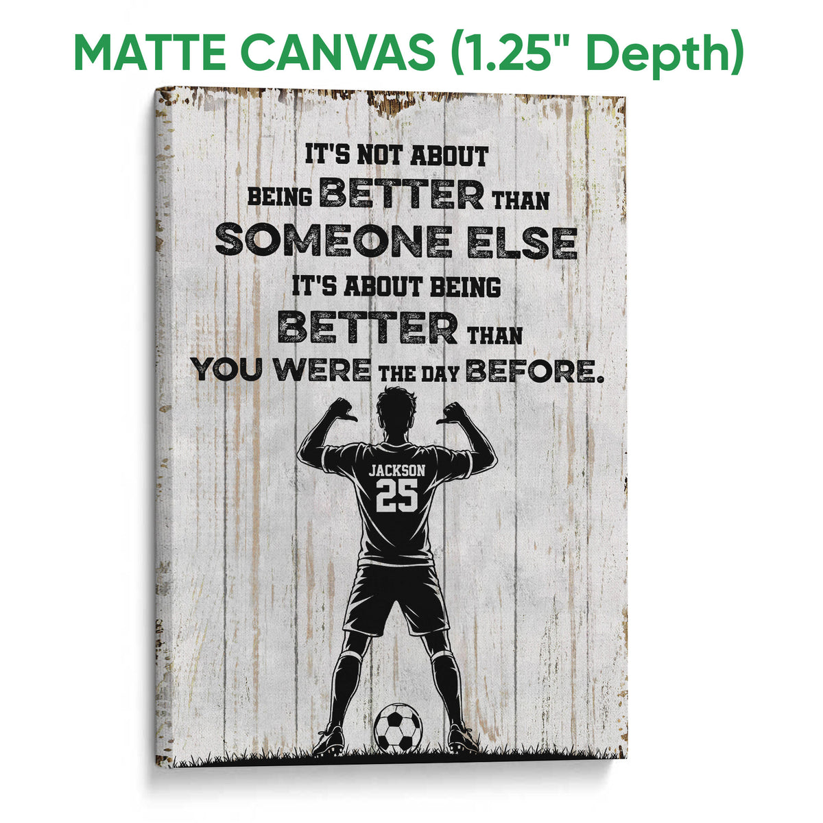 Matte canvas soccer wall art featuring a player silhouette and soccer ball against a weathered wood background