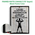 Framed soccer canvas wall art shown with a black floater frame and bold player-themed artwork