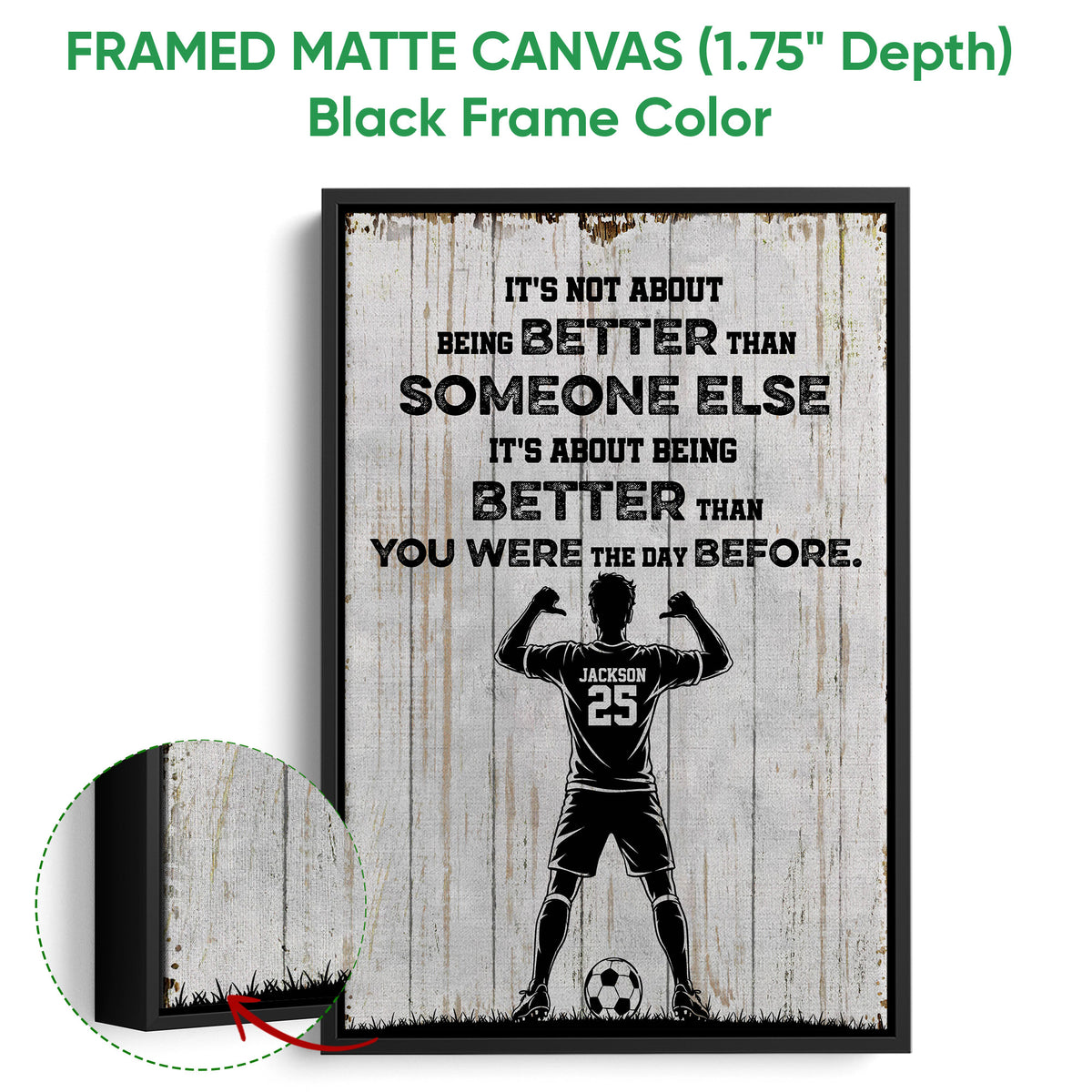 Framed soccer canvas wall art shown with a black floater frame and bold player-themed artwork
