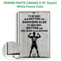 Framed soccer canvas wall art shown with a white floater frame and bold player-themed artwork