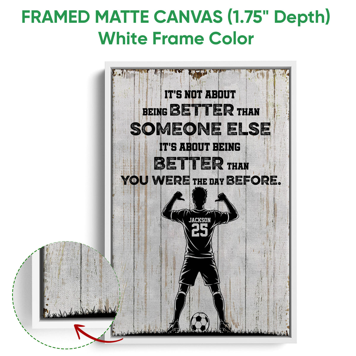 Framed soccer canvas wall art shown with a white floater frame and bold player-themed artwork