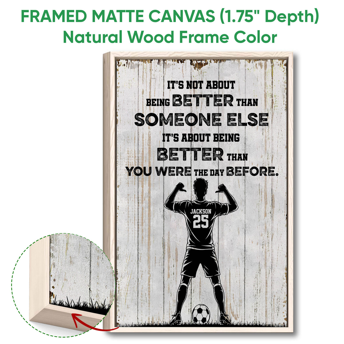 Framed soccer canvas wall art shown with a natural wood frame, player silhouette, and soccer ball