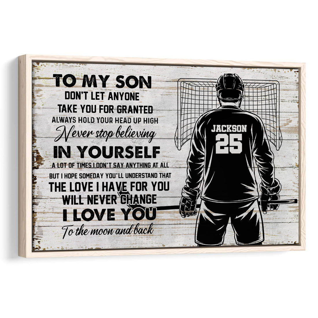 Framed hockey wall art showing a goalie from behind beside an inspirational message on a distressed wood-style background