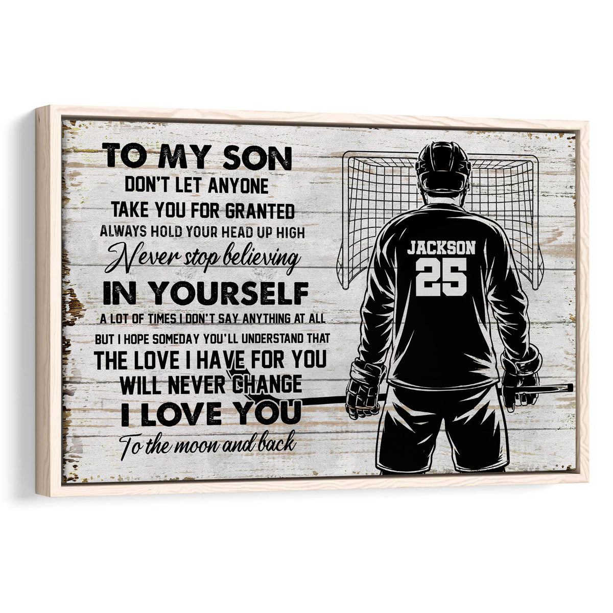 Framed hockey wall art showing a goalie from behind beside an inspirational message on a distressed wood-style background