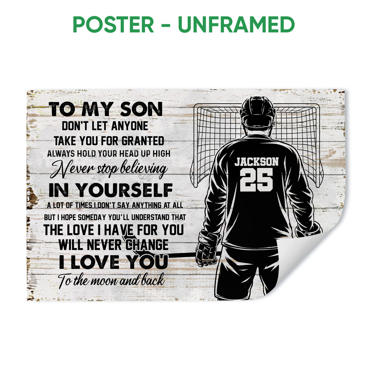 Unframed hockey poster featuring a goalie silhouette, net, and heartfelt inspirational message