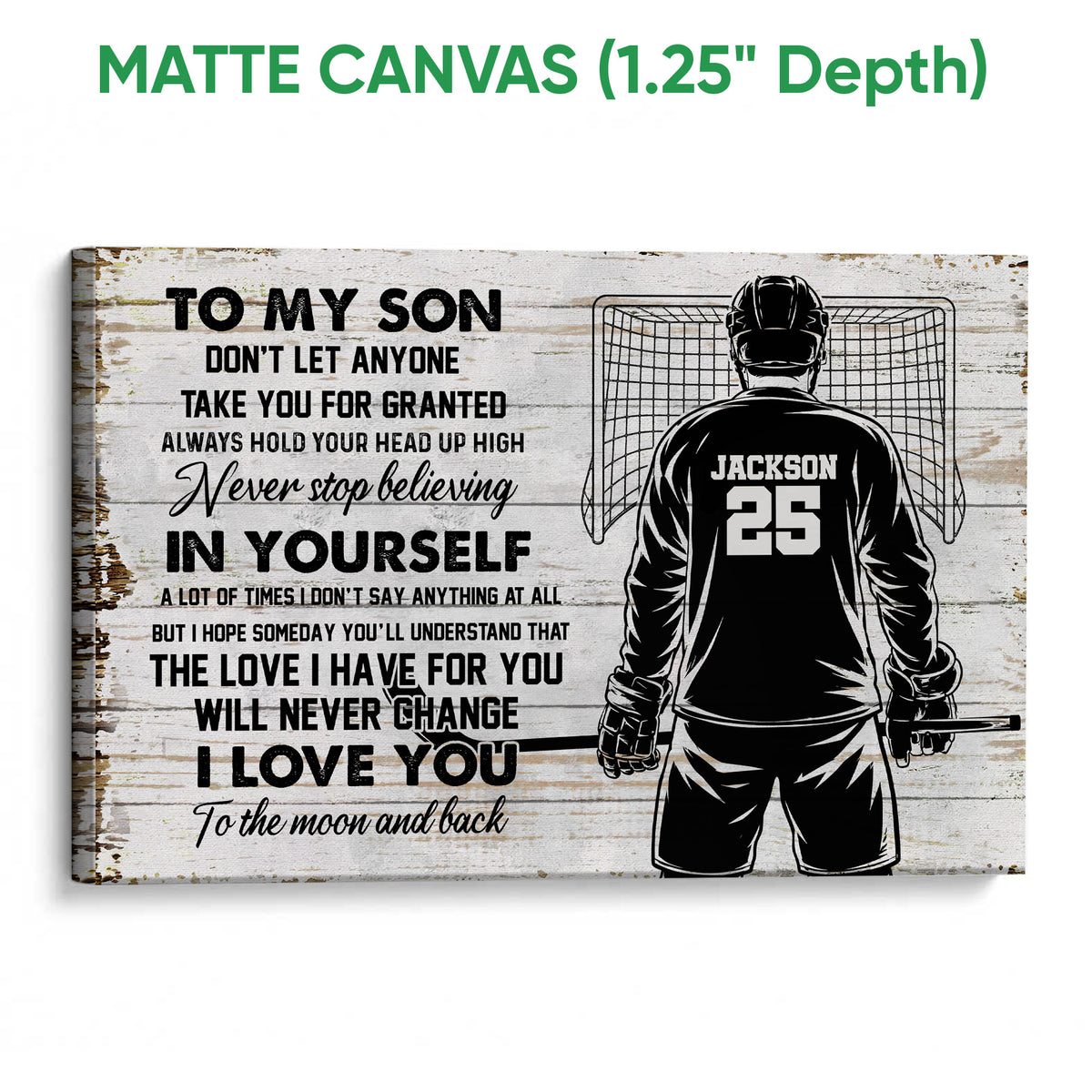 Matte canvas hockey wall art featuring a goalie, hockey net, and bold inspirational typography