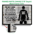 Framed hockey canvas wall art shown with a black frame and close-up detail of the artwork edge