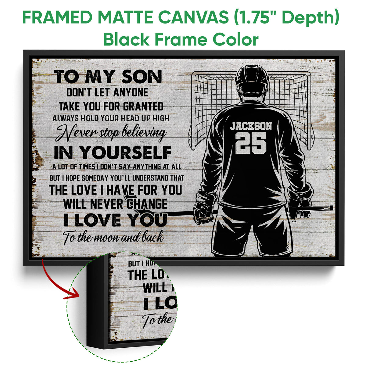 Framed hockey canvas wall art shown with a black frame and close-up detail of the artwork edge
