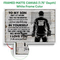 Framed hockey canvas wall art shown with a white frame and close-up view of the canvas edge