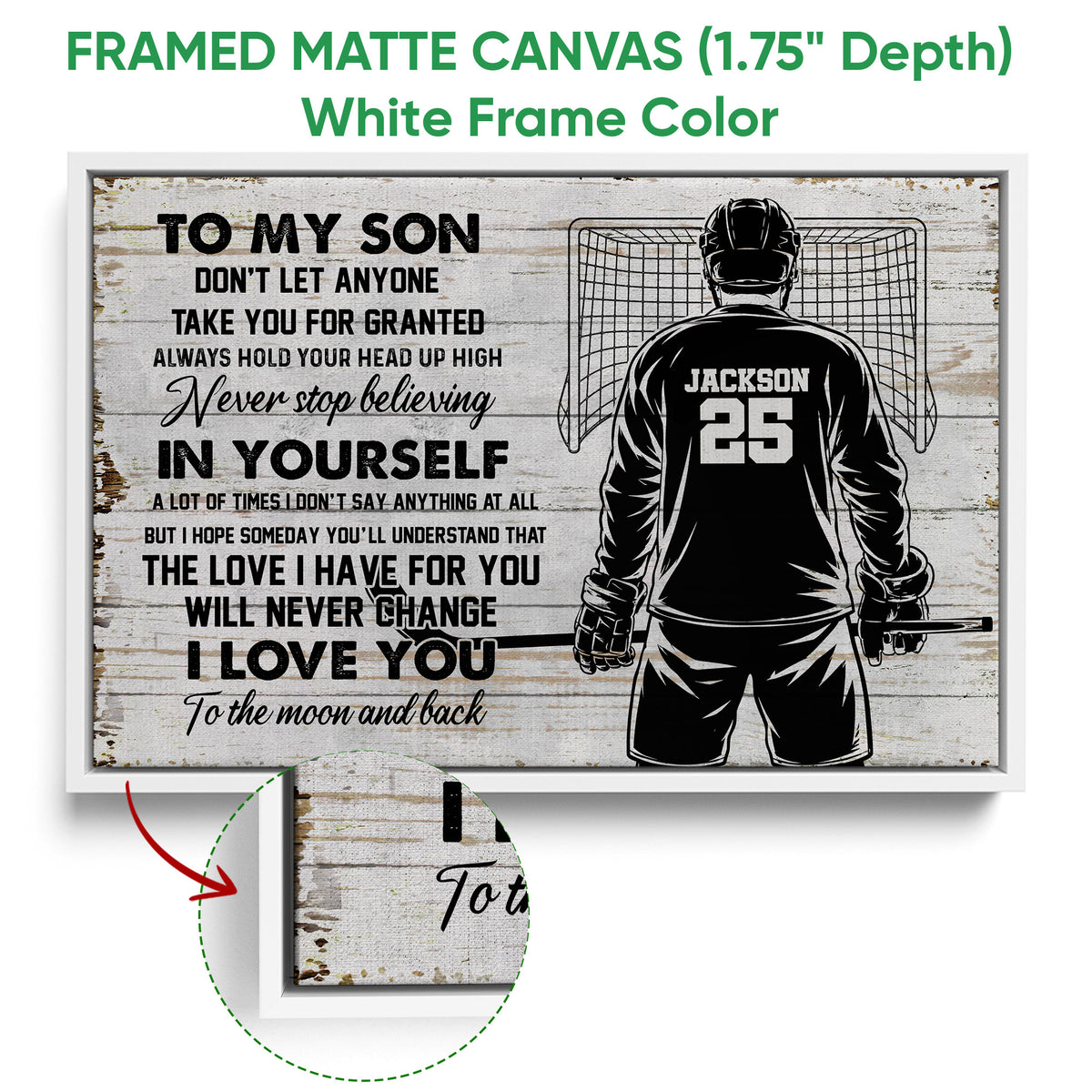 Framed hockey canvas wall art shown with a white frame and close-up view of the canvas edge