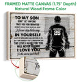 Framed hockey canvas wall art shown with a natural wood frame and close-up frame detail