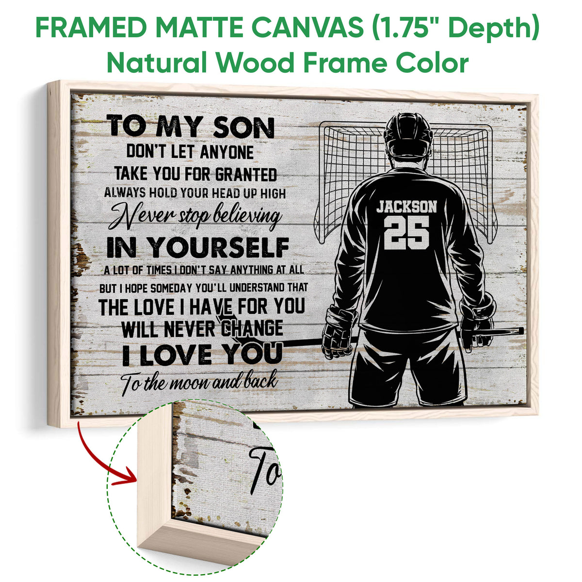 Framed hockey canvas wall art shown with a natural wood frame and close-up frame detail
