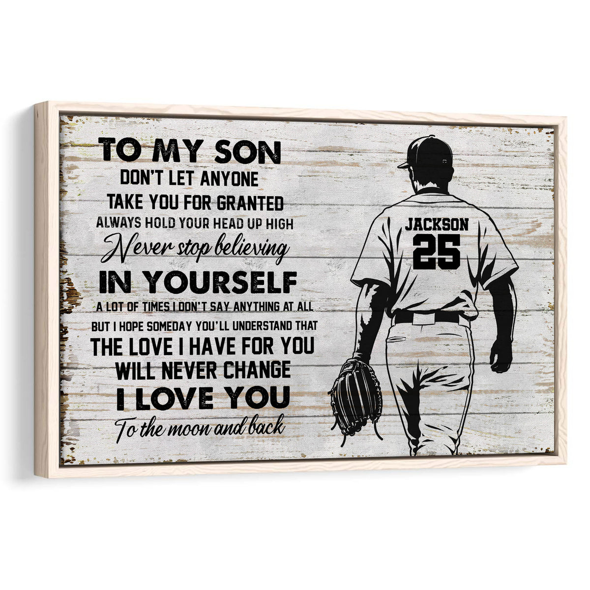 Framed baseball wall art featuring a player silhouette, glove, and inspirational message on a weathered wood background