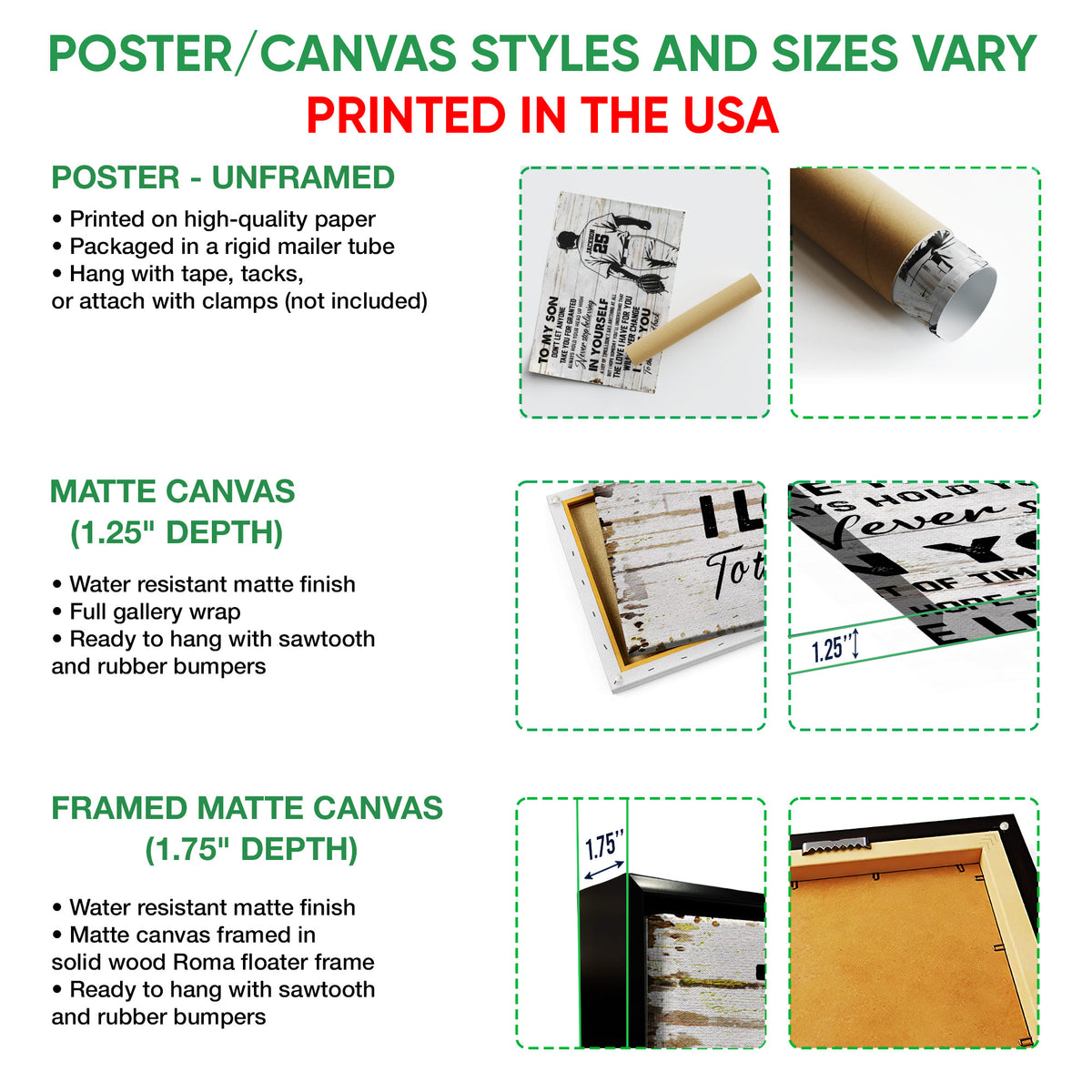 Poster or canvas wall art option guide showing unframed poster, matte canvas, and framed canvas formats